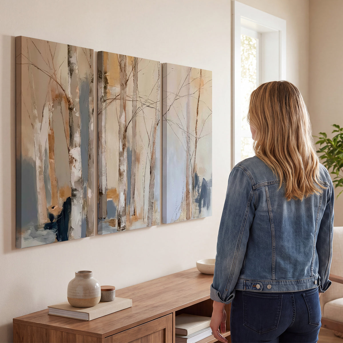 Loose pale blue, peach and cream strokes suggesting a stand of birch trees 3 piece canvas wall art three panel arrangement on a wall
