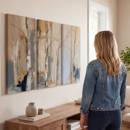 Loose pale blue, peach and cream strokes suggesting a stand of birch trees 3 piece canvas wall art three panel arrangement on a wall