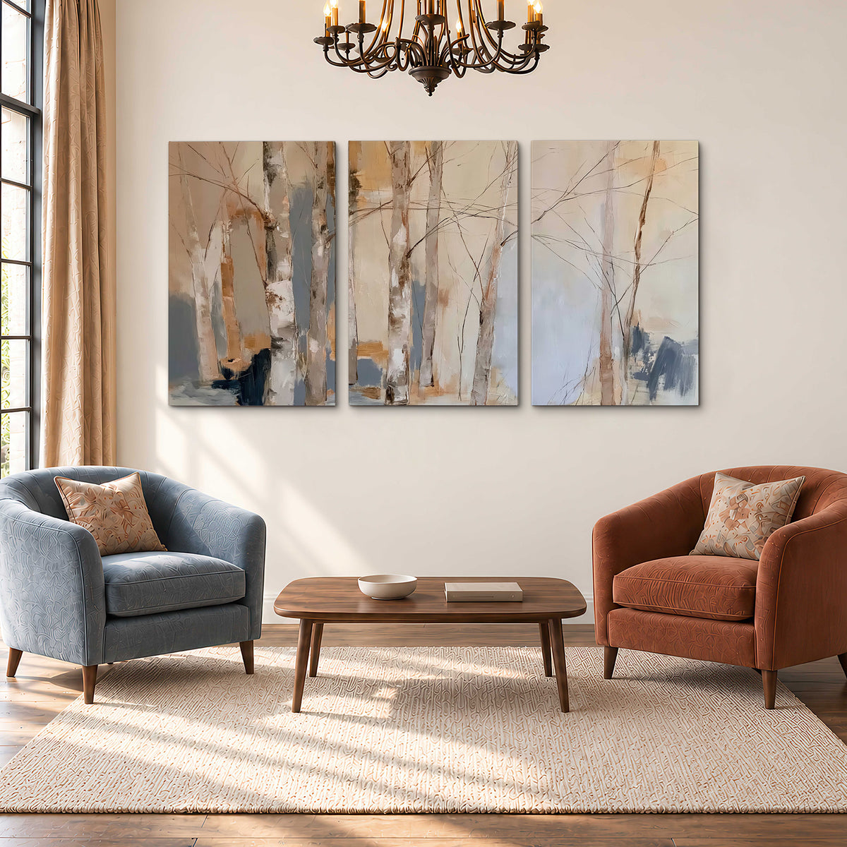 Loose pale blue, peach and cream strokes suggesting a stand of birch trees 3 piece canvas wall art styled in an interior