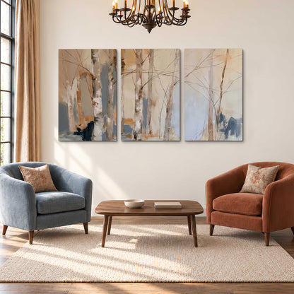 Loose pale blue, peach and cream strokes suggesting a stand of birch trees 3 piece canvas wall art styled in an interior