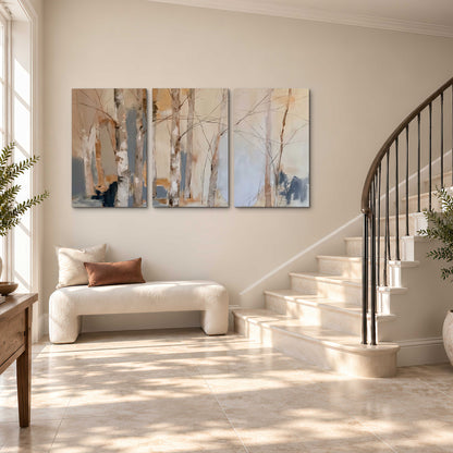 Loose pale blue, peach and cream strokes suggesting a stand of birch trees 3 piece canvas wall art styled in an interior
