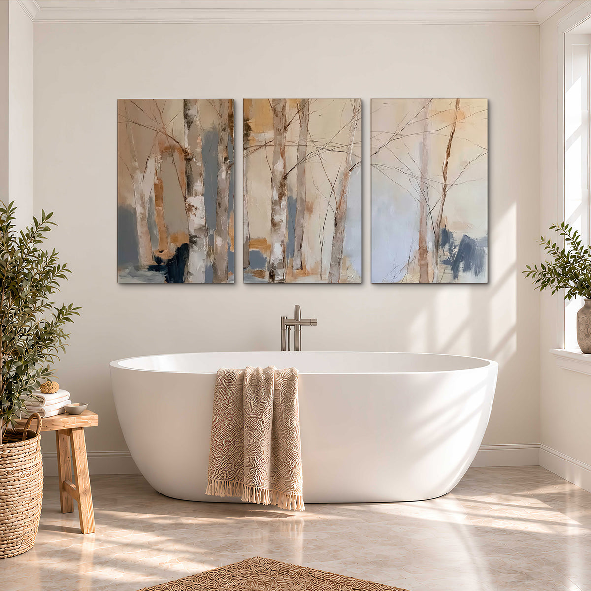 Loose pale blue, peach and cream strokes suggesting a stand of birch trees 3 piece canvas wall art styled in an interior