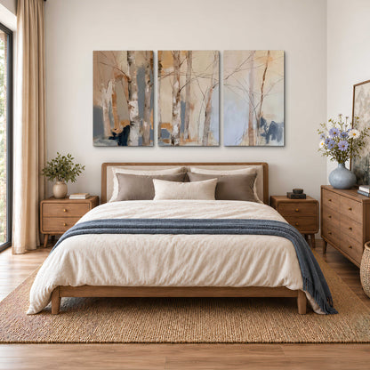 Loose pale blue, peach and cream strokes suggesting a stand of birch trees 3 piece canvas wall art styled in an interior