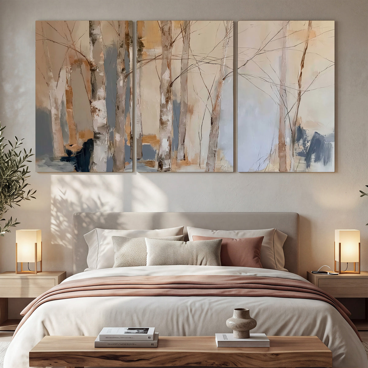 Loose pale blue, peach and cream strokes suggesting a stand of birch trees 3 piece canvas wall art displayed in a bedroom