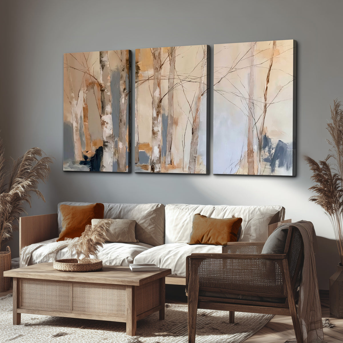 Loose pale blue, peach and cream strokes suggesting a stand of birch trees 3 piece canvas wall art displayed in a rustic living room
