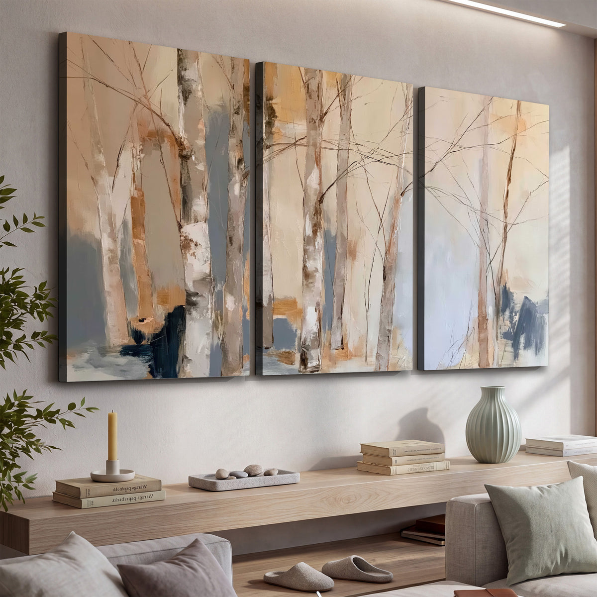 Loose pale blue, peach and cream strokes suggesting a stand of birch trees 3 piece canvas wall art displayed in a console
