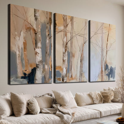 Loose pale blue, peach and cream strokes suggesting a stand of birch trees 3 piece canvas wall art room and product view