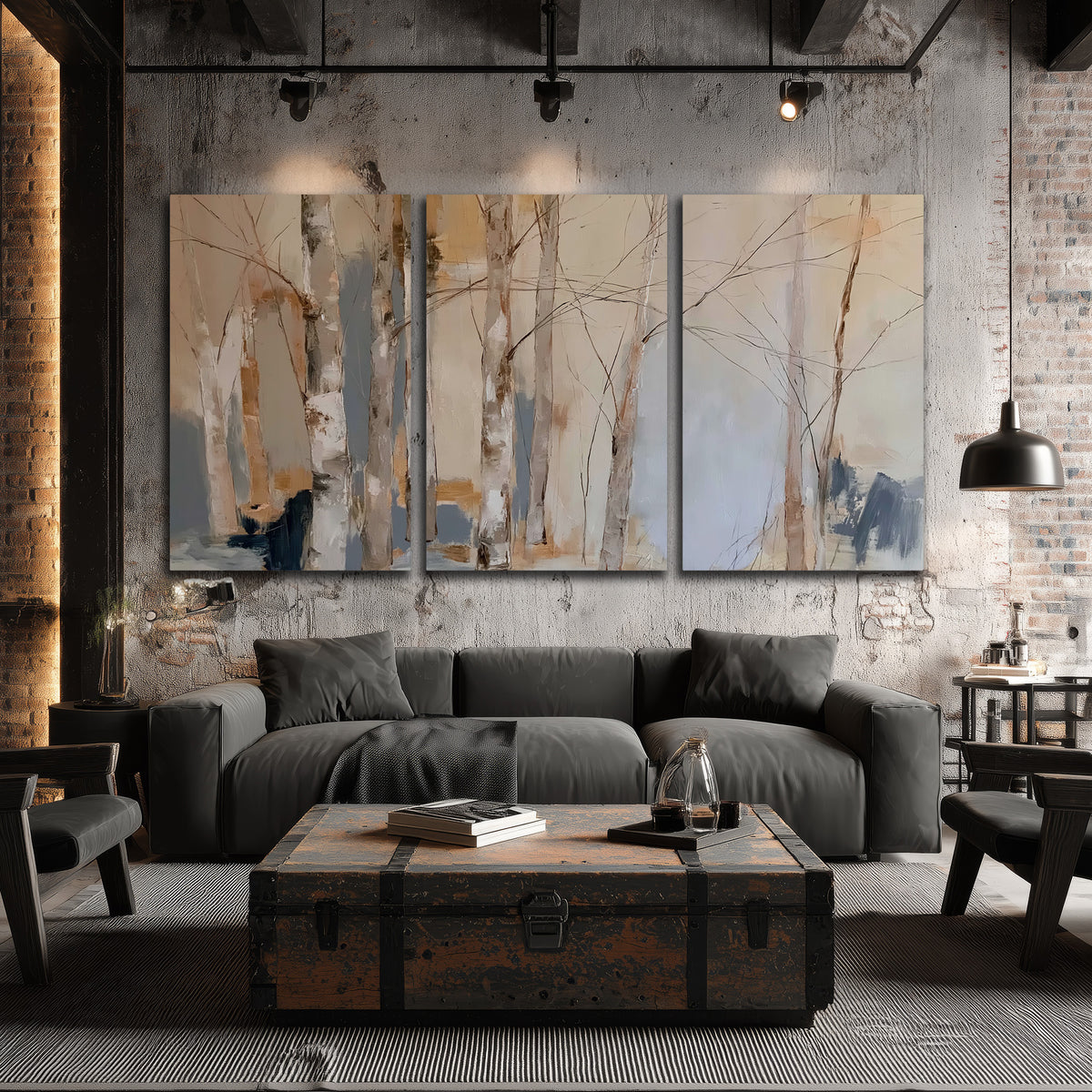 Loose pale blue, peach and cream strokes suggesting a stand of birch trees 3 piece canvas wall art displayed in a industrial room
