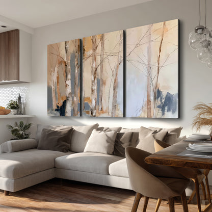 Loose pale blue, peach and cream strokes suggesting a stand of birch trees 3 piece canvas wall art room and product view