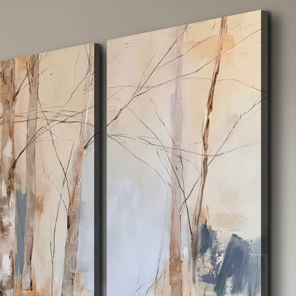 Loose pale blue, peach and cream strokes suggesting a stand of birch trees 3 piece canvas wall art room and product view
