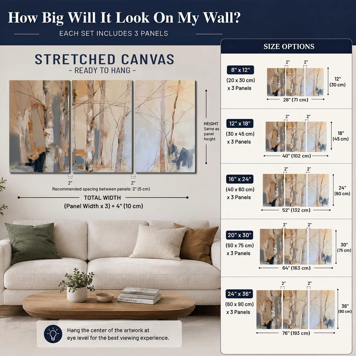 Loose pale blue, peach and cream strokes suggesting a stand of birch trees 3 piece canvas wall art size guide above a sofa; room view is illustrative
