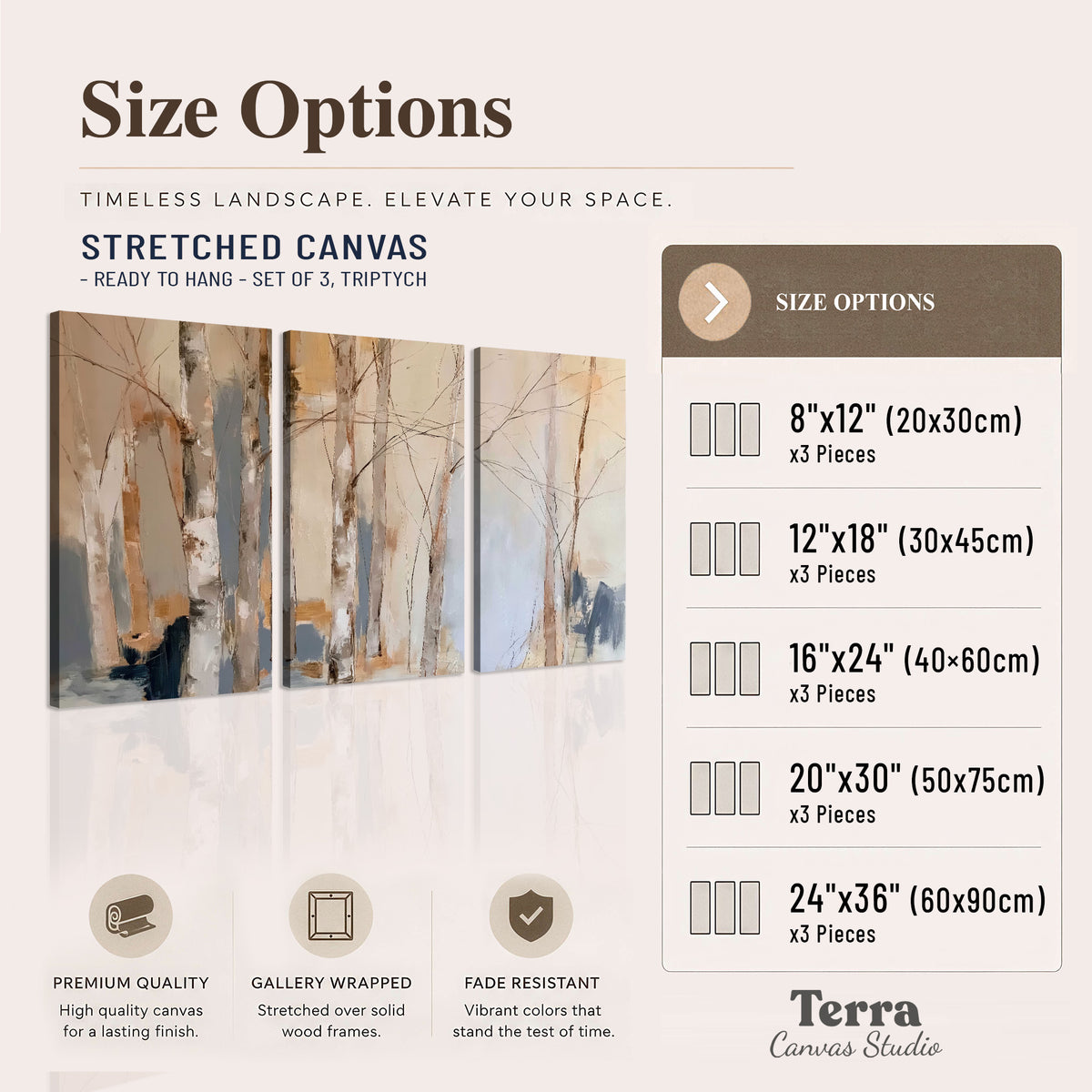 Loose pale blue, peach and cream strokes suggesting a stand of birch trees 3 piece canvas wall art available dimensions; triptych dimensions are per panel