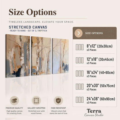 Loose pale blue, peach and cream strokes suggesting a stand of birch trees 3 piece canvas wall art available dimensions; triptych dimensions are per panel