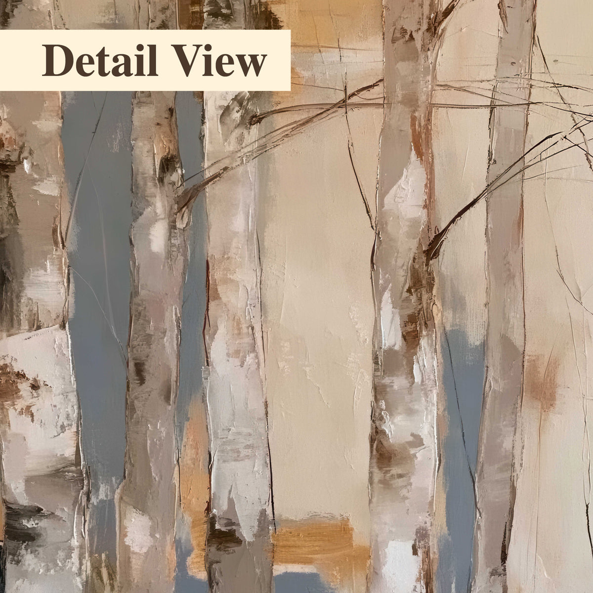 Loose pale blue, peach and cream strokes suggesting a stand of birch trees 3 piece canvas wall art artwork detail close up
