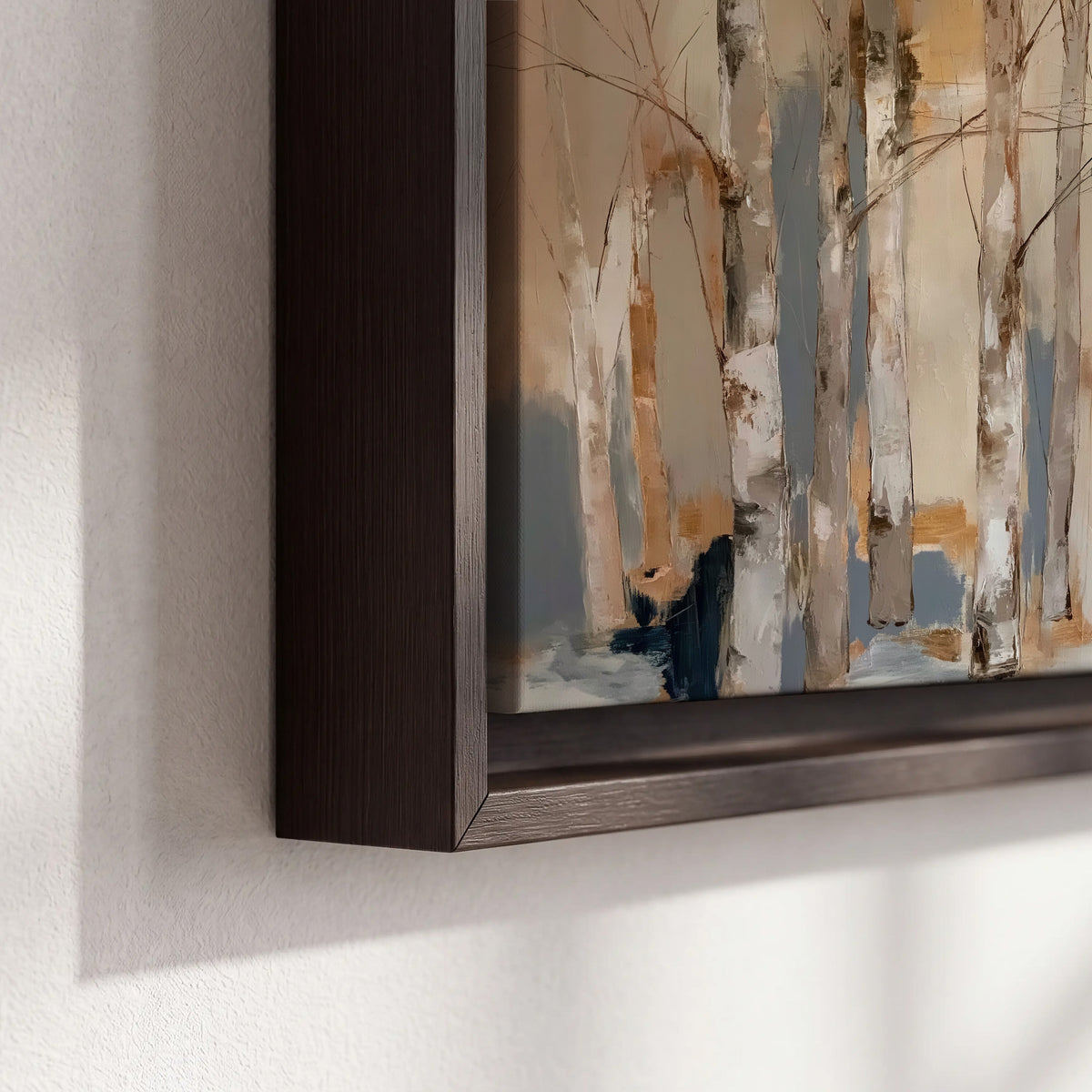 Loose pale blue, peach and cream strokes suggesting a stand of birch trees 3 piece framed canvas wall art material and edge close up