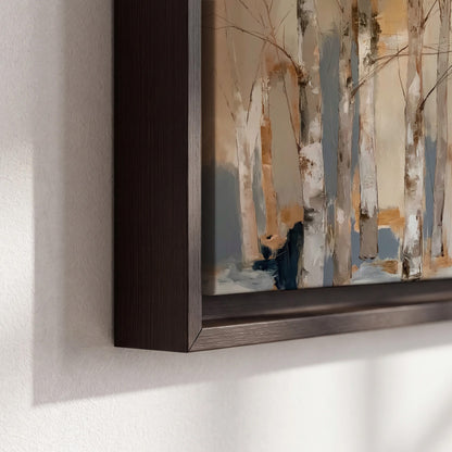 Loose pale blue, peach and cream strokes suggesting a stand of birch trees 3 piece framed canvas wall art material and edge close up