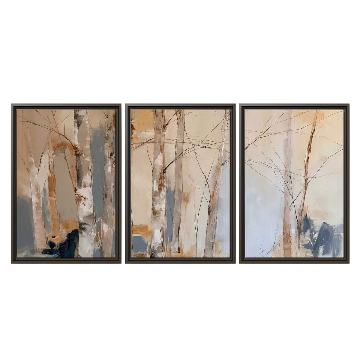 Loose pale blue, peach and cream strokes suggesting a stand of birch trees 3 piece framed canvas wall art viewed straight on