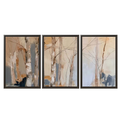 Loose pale blue, peach and cream strokes suggesting a stand of birch trees 3 piece framed canvas wall art viewed straight on