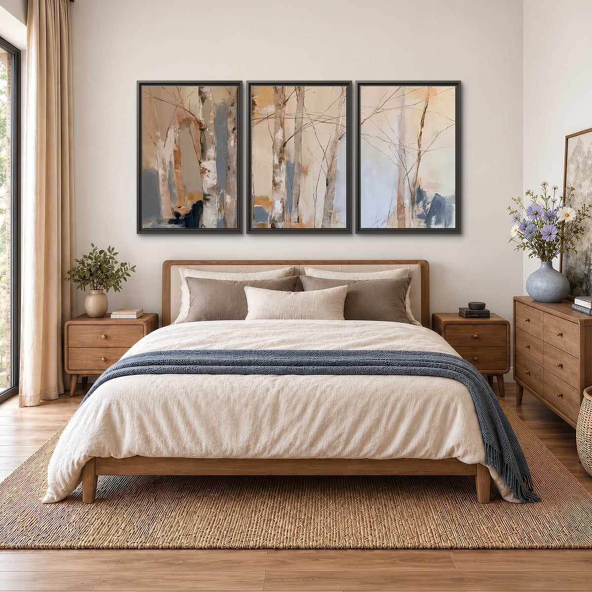 Loose pale blue, peach and cream strokes suggesting a stand of birch trees 3 piece framed canvas wall art styled in an interior