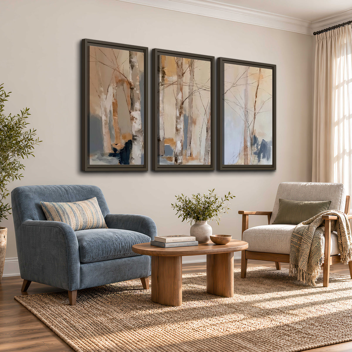 Loose pale blue, peach and cream strokes suggesting a stand of birch trees 3 piece framed canvas wall art styled in an interior
