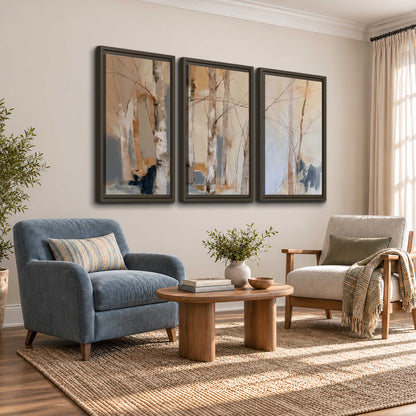 Loose pale blue, peach and cream strokes suggesting a stand of birch trees 3 piece framed canvas wall art styled in an interior