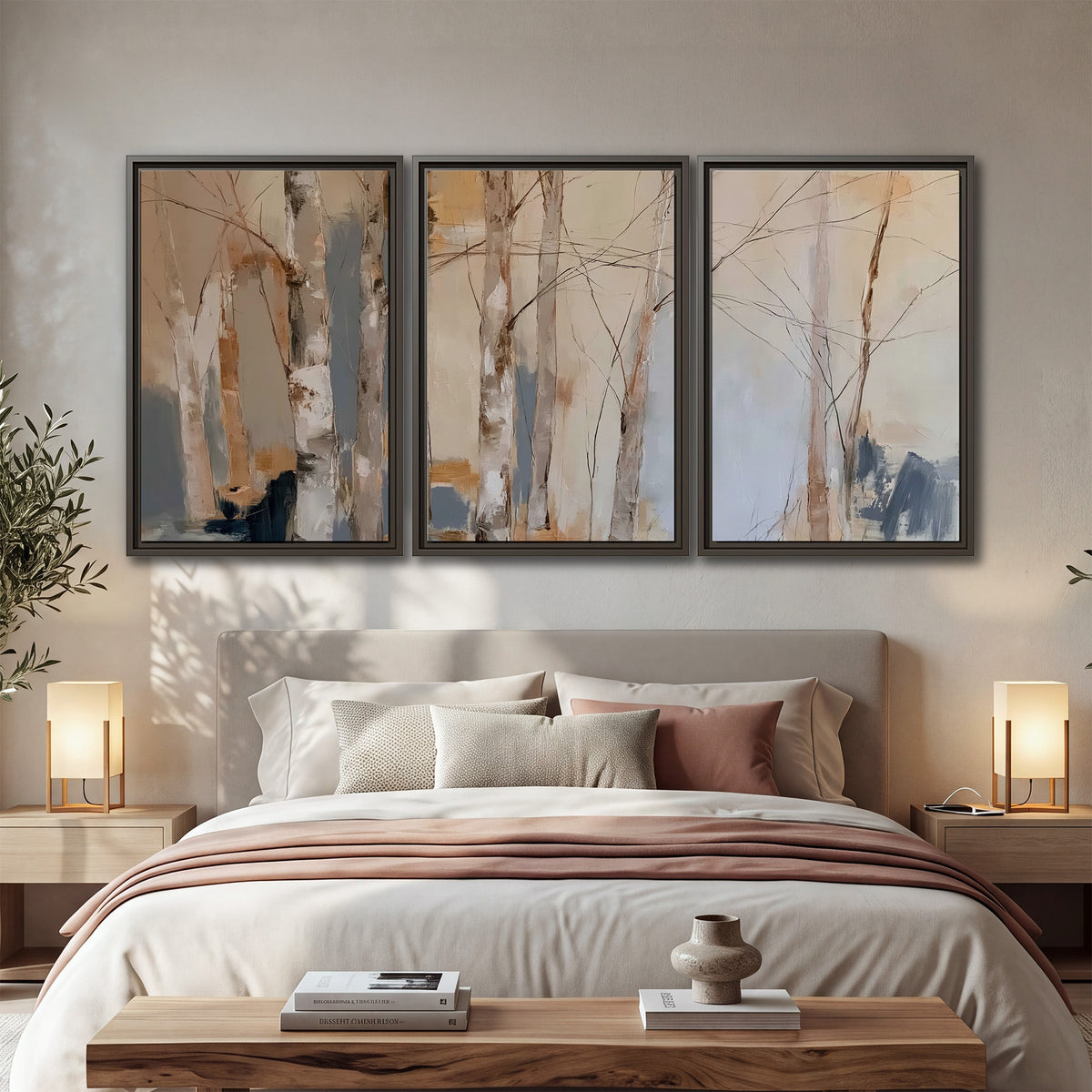 Loose pale blue, peach and cream strokes suggesting a stand of birch trees 3 piece framed canvas wall art displayed in a bedroom
