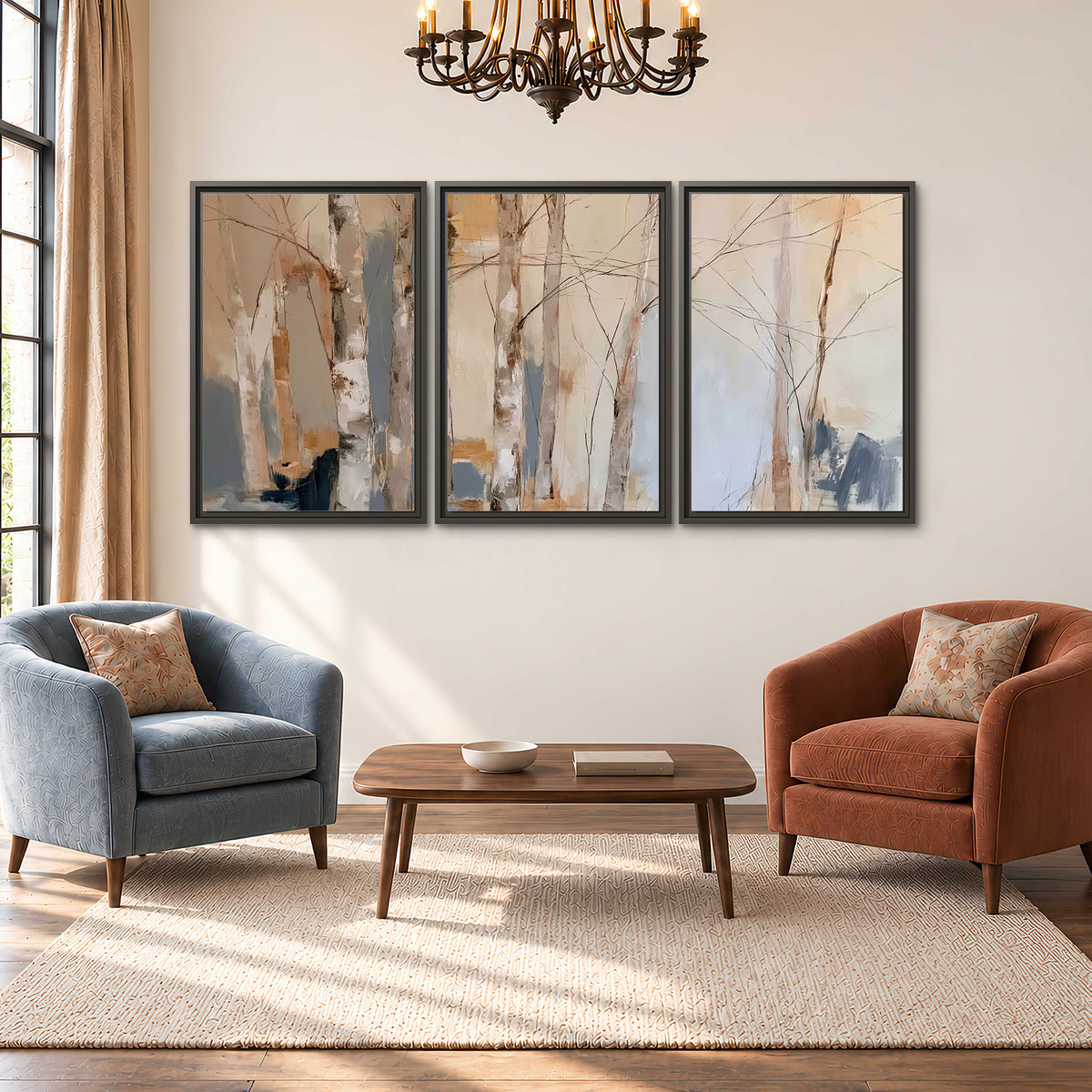 Loose pale blue, peach and cream strokes suggesting a stand of birch trees 3 piece framed canvas wall art styled in an interior