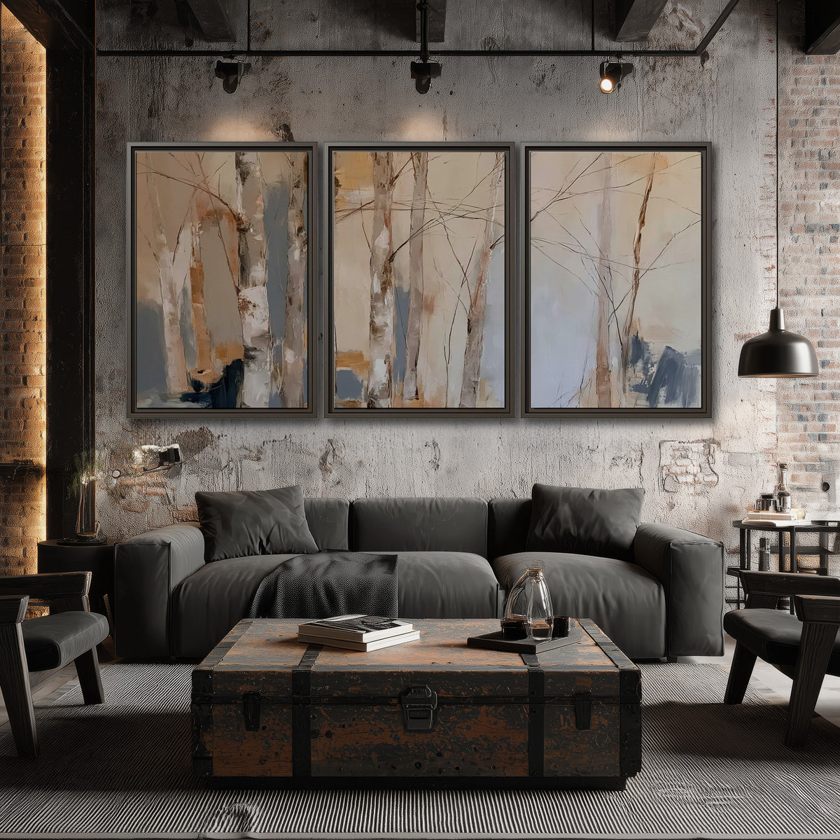 Loose pale blue, peach and cream strokes suggesting a stand of birch trees 3 piece framed canvas wall art displayed in a industrial room