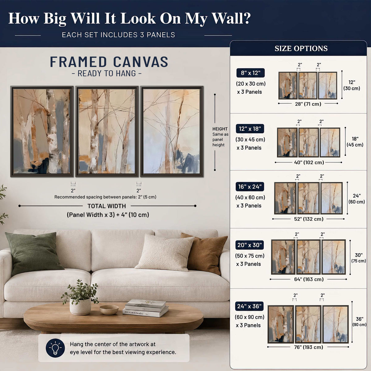 Loose pale blue, peach and cream strokes suggesting a stand of birch trees 3 piece framed canvas wall art size guide above a sofa; room view is illustrative
