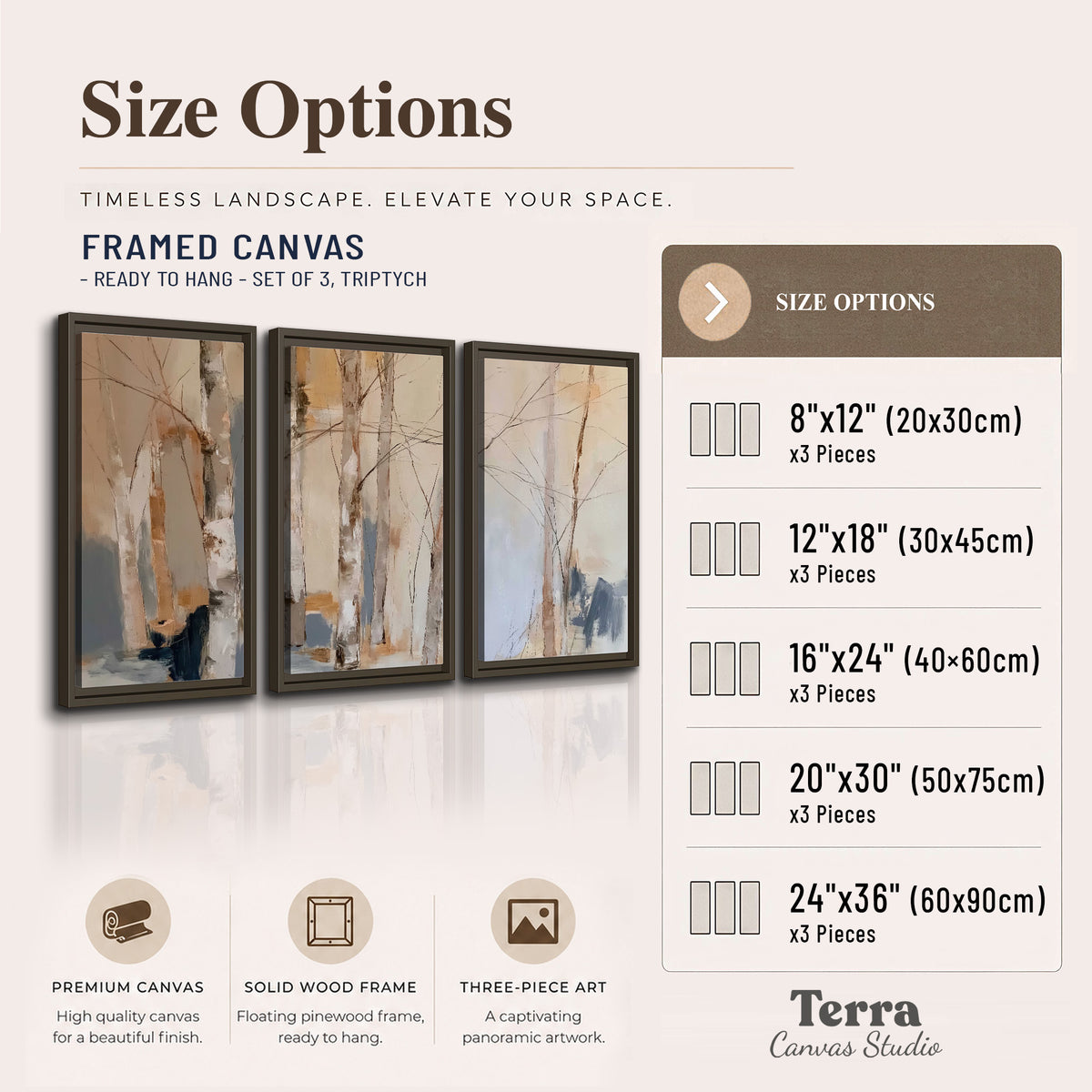 Loose pale blue, peach and cream strokes suggesting a stand of birch trees 3 piece framed canvas wall art available dimensions; triptych dimensions are per panel