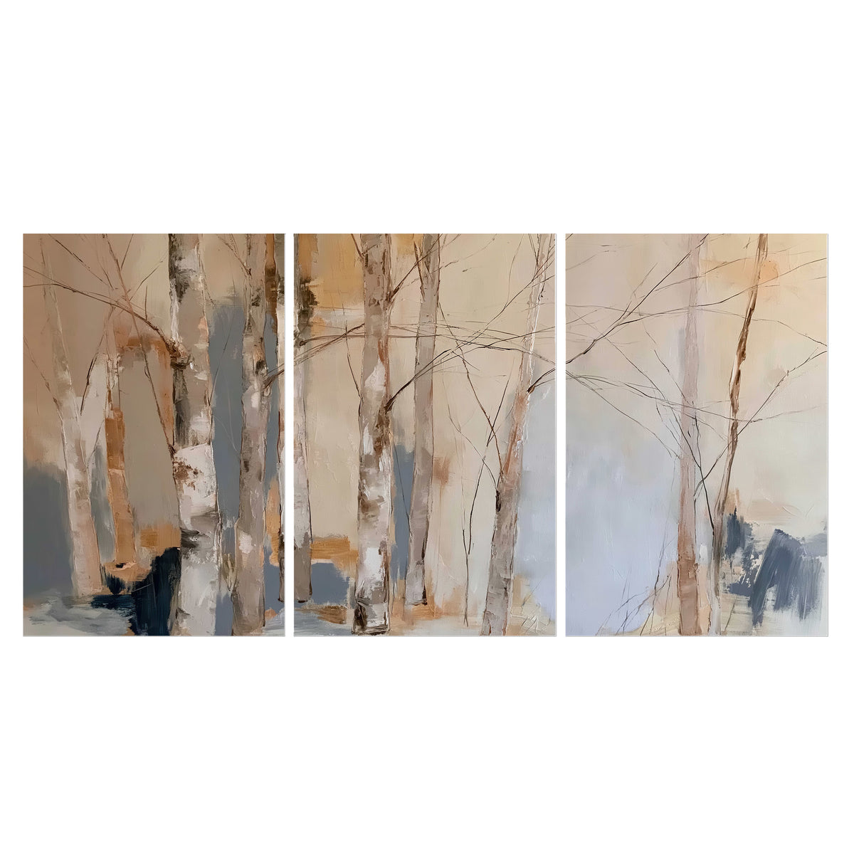 Loose pale blue, peach and cream strokes suggesting a stand of birch trees set of 3 poster prints viewed straight on
