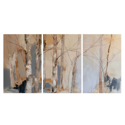 Loose pale blue, peach and cream strokes suggesting a stand of birch trees set of 3 poster prints viewed straight on