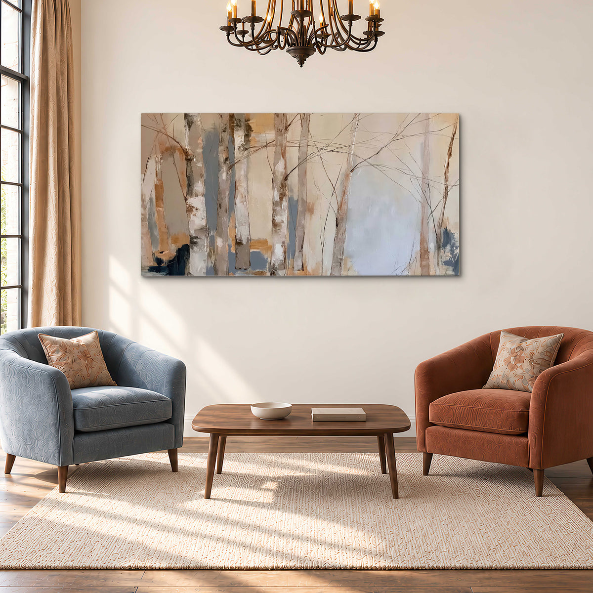 Loose pale blue, peach and cream strokes suggesting a stand of birch trees single canvas wall art styled in an interior