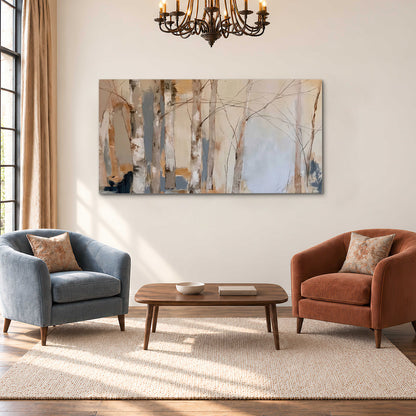 Loose pale blue, peach and cream strokes suggesting a stand of birch trees single canvas wall art styled in an interior