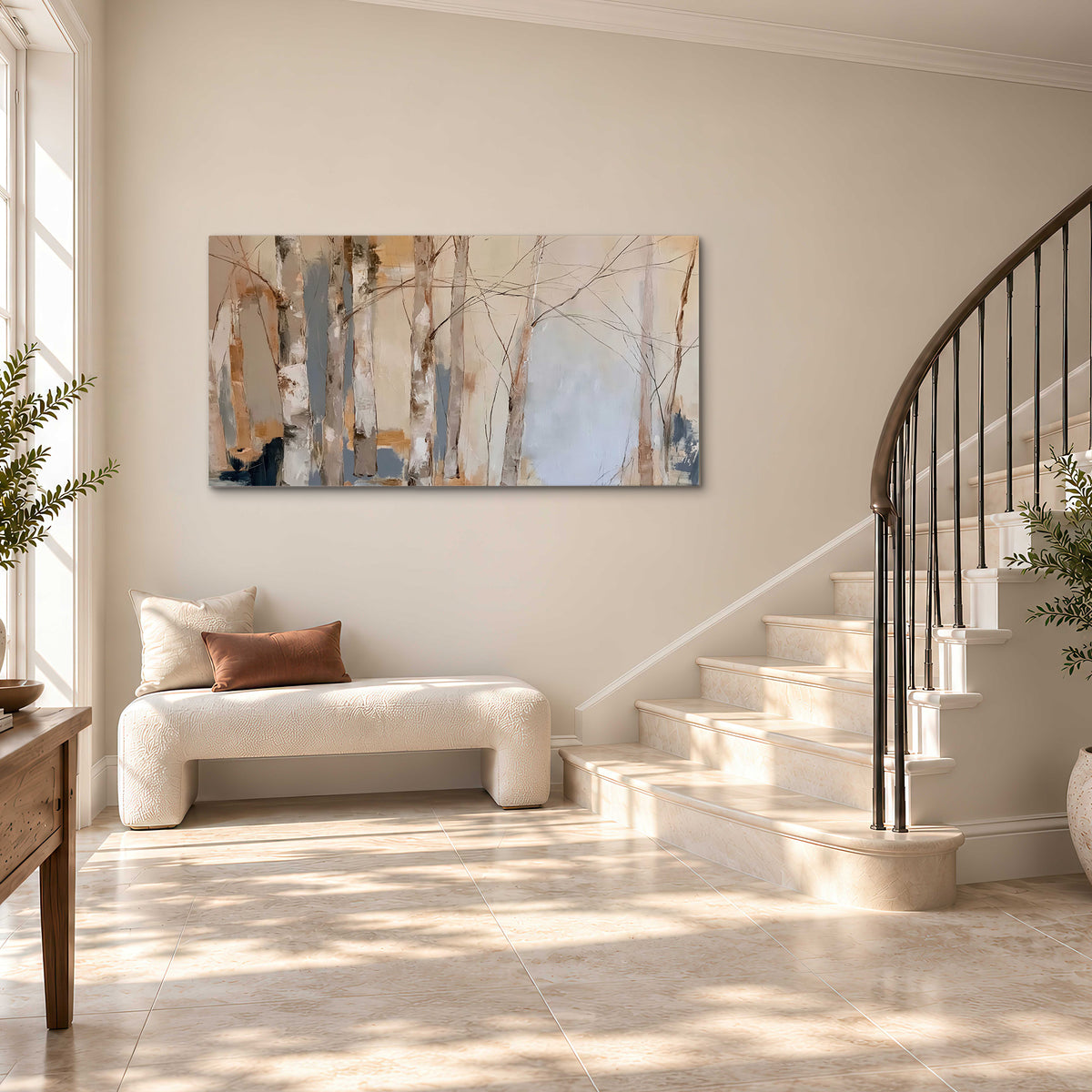 Loose pale blue, peach and cream strokes suggesting a stand of birch trees single canvas wall art styled in an interior