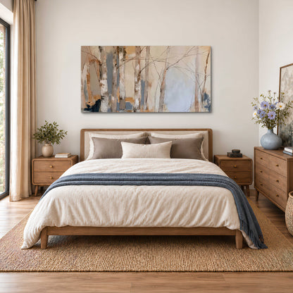 Loose pale blue, peach and cream strokes suggesting a stand of birch trees single canvas wall art styled in an interior