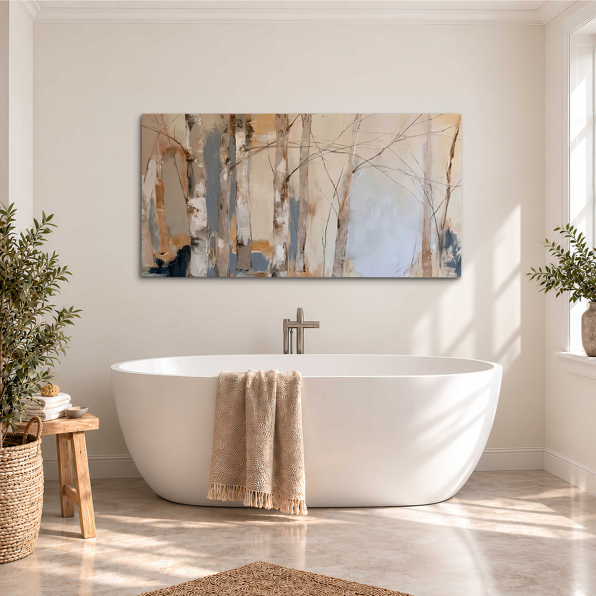 Loose pale blue, peach and cream strokes suggesting a stand of birch trees single canvas wall art styled in an interior