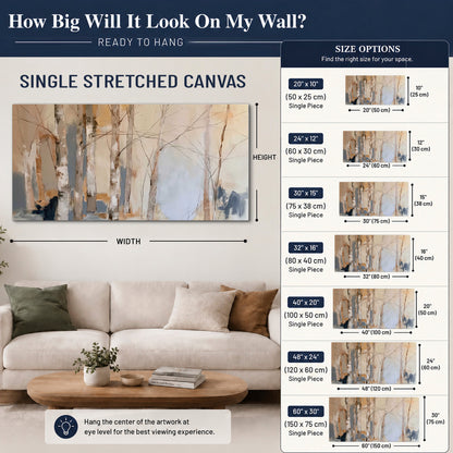 Loose pale blue, peach and cream strokes suggesting a stand of birch trees single canvas wall art size guide above a sofa; room view is illustrative