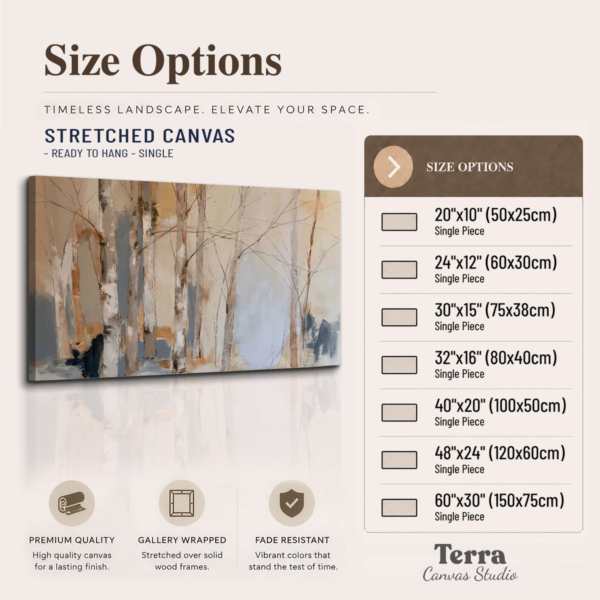 Loose pale blue, peach and cream strokes suggesting a stand of birch trees single canvas wall art available dimensions