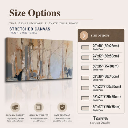 Loose pale blue, peach and cream strokes suggesting a stand of birch trees single canvas wall art available dimensions