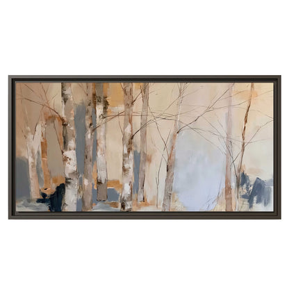 Loose pale blue, peach and cream strokes suggesting a stand of birch trees single framed canvas wall art viewed straight on