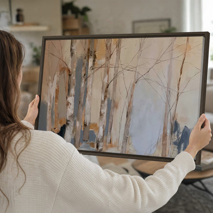 Loose pale blue, peach and cream strokes suggesting a stand of birch trees single framed canvas wall art held in hands