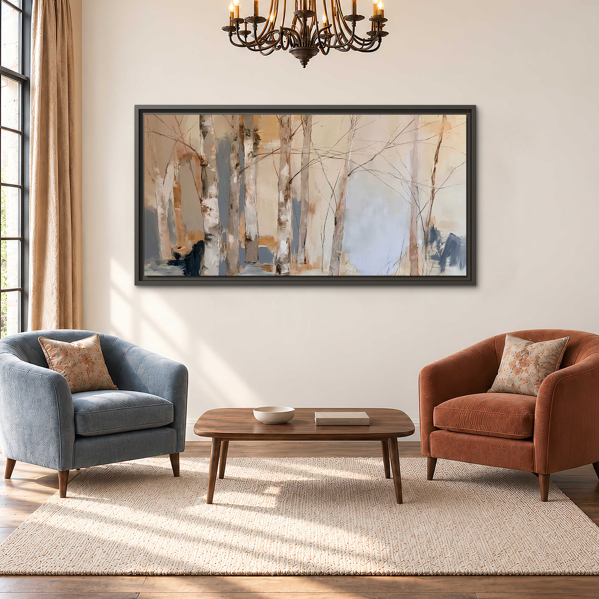 Loose pale blue, peach and cream strokes suggesting a stand of birch trees single framed canvas wall art styled in an interior