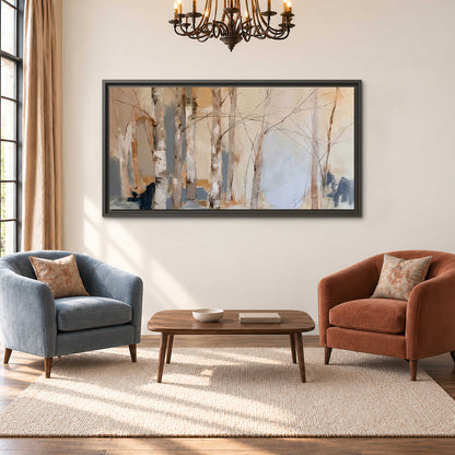 Loose pale blue, peach and cream strokes suggesting a stand of birch trees single framed canvas wall art styled in an interior