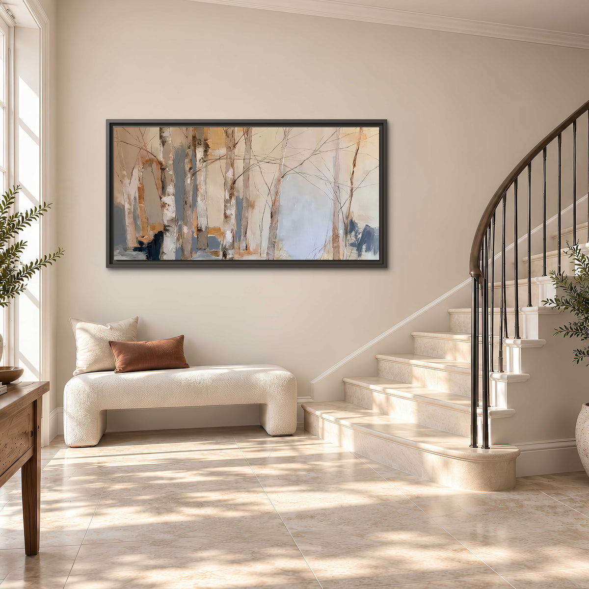 Loose pale blue, peach and cream strokes suggesting a stand of birch trees single framed canvas wall art styled in an interior