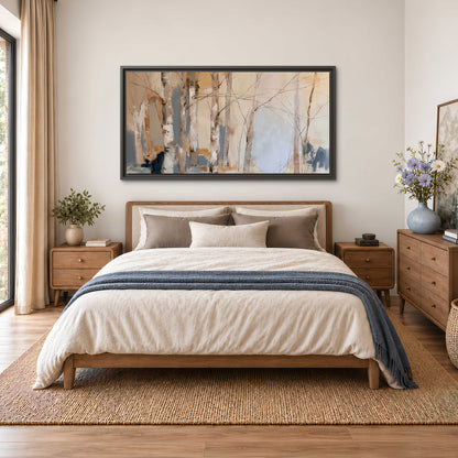 Loose pale blue, peach and cream strokes suggesting a stand of birch trees single framed canvas wall art styled in an interior