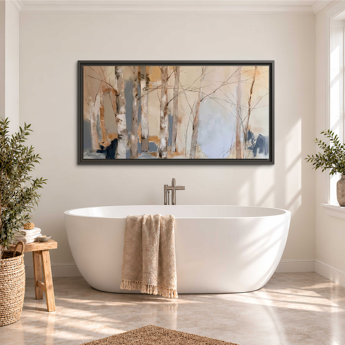 Loose pale blue, peach and cream strokes suggesting a stand of birch trees single framed canvas wall art styled in an interior