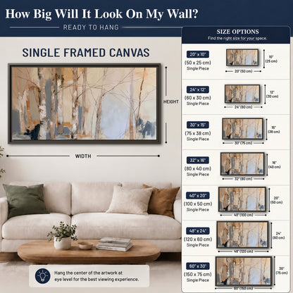 Loose pale blue, peach and cream strokes suggesting a stand of birch trees single framed canvas wall art size guide above a sofa; room view is illustrative