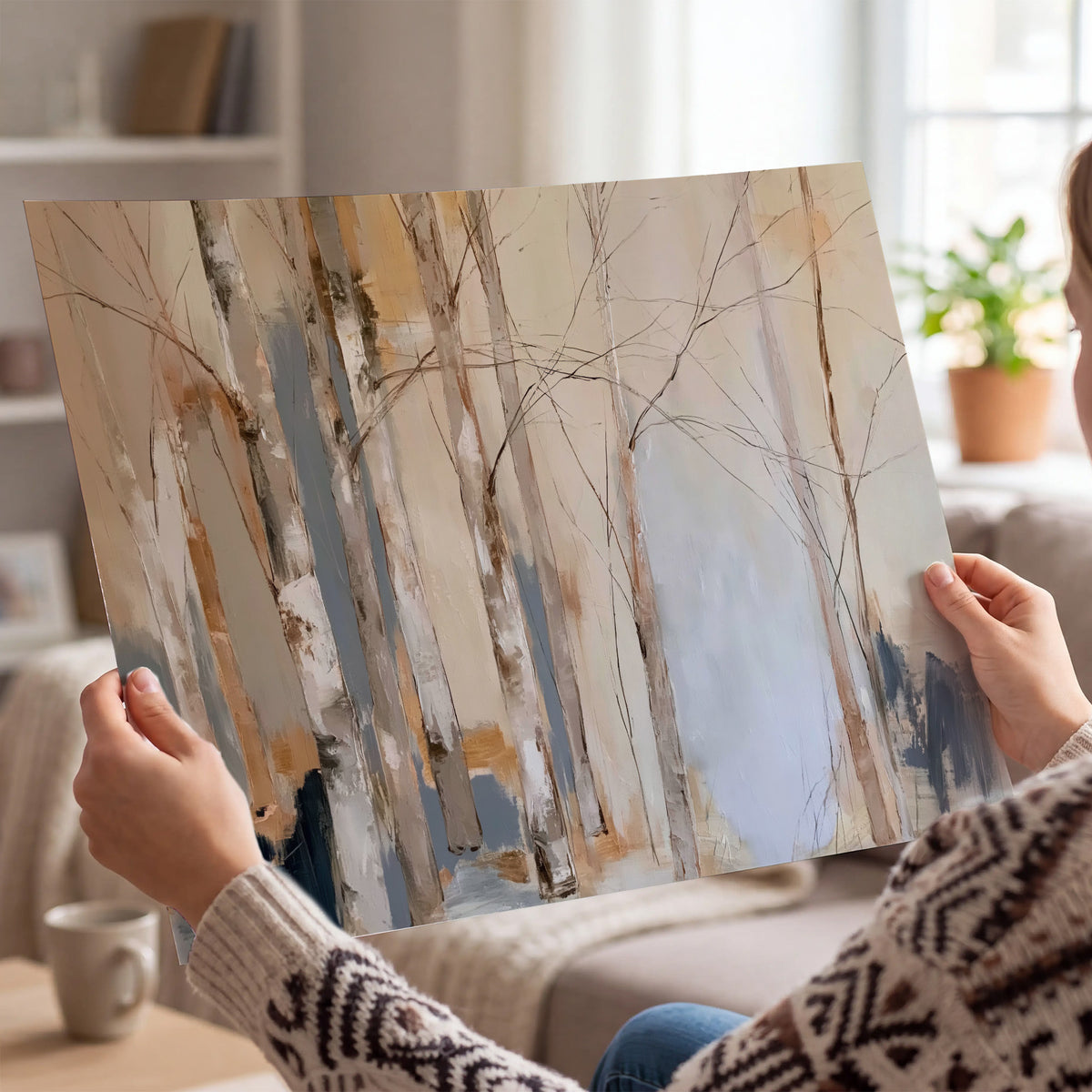 Loose pale blue, peach and cream strokes suggesting a stand of birch trees single poster print held in hands