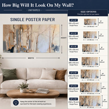 Loose pale blue, peach and cream strokes suggesting a stand of birch trees single poster print size guide above a sofa; room view is illustrative